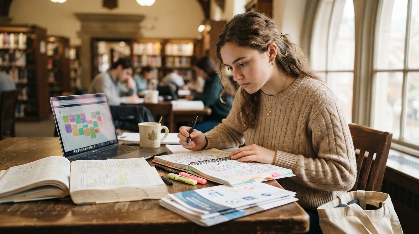College student at a sunlit library desk comparing course schedules and major brochures beside a laptop, planner,…