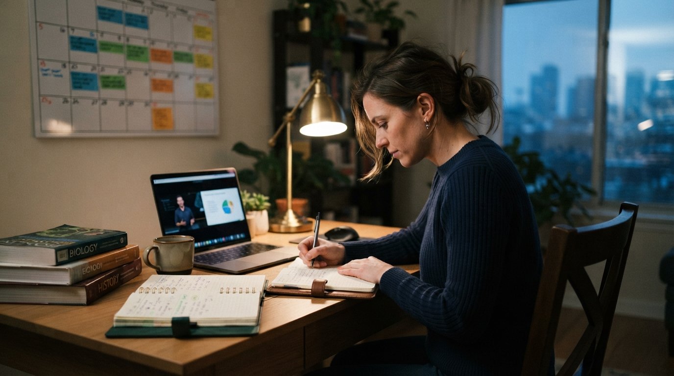 Adult student in a navy sweater takes notes at a home desk beside a laptop showing a video lecture, with a coffee mug,…