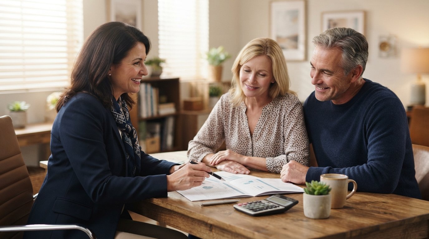 Financial advisor in navy blazer reviews life insurance documents with a relieved couple at a wooden desk in a sunlit office