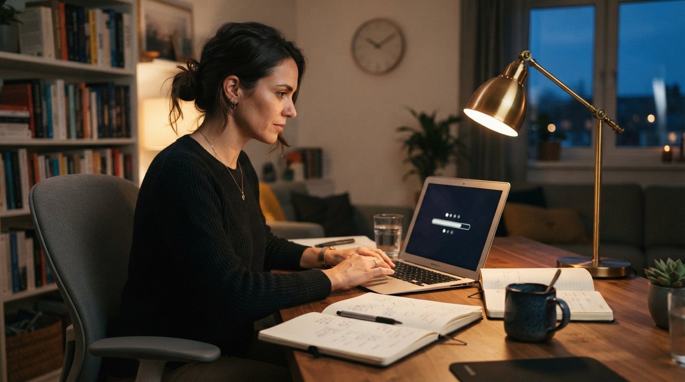 Professional in business casual attire working on a laptop at a home office desk in the evening, with a progress bar…