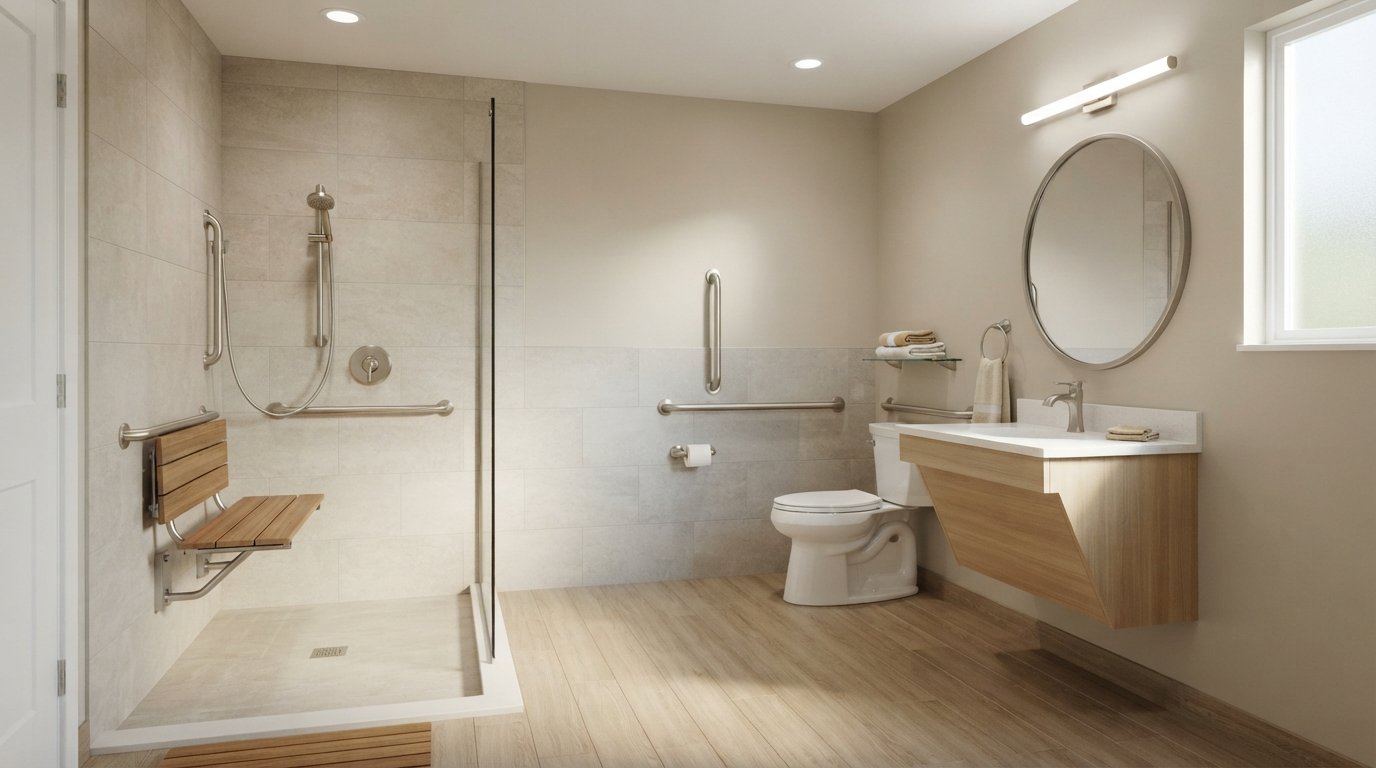 Bright accessible bathroom with a curbless walk-in shower, teak bench, handheld showerhead, comfort-height toilet, brushed…