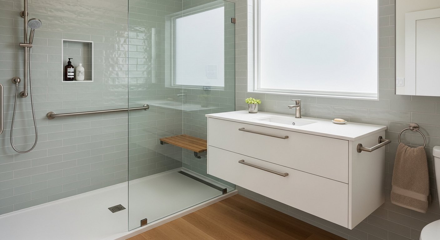 Woman in her 60s stands in a bright, curbless walk-in shower with a teak bench, glass partition, and brushed nickel grab…