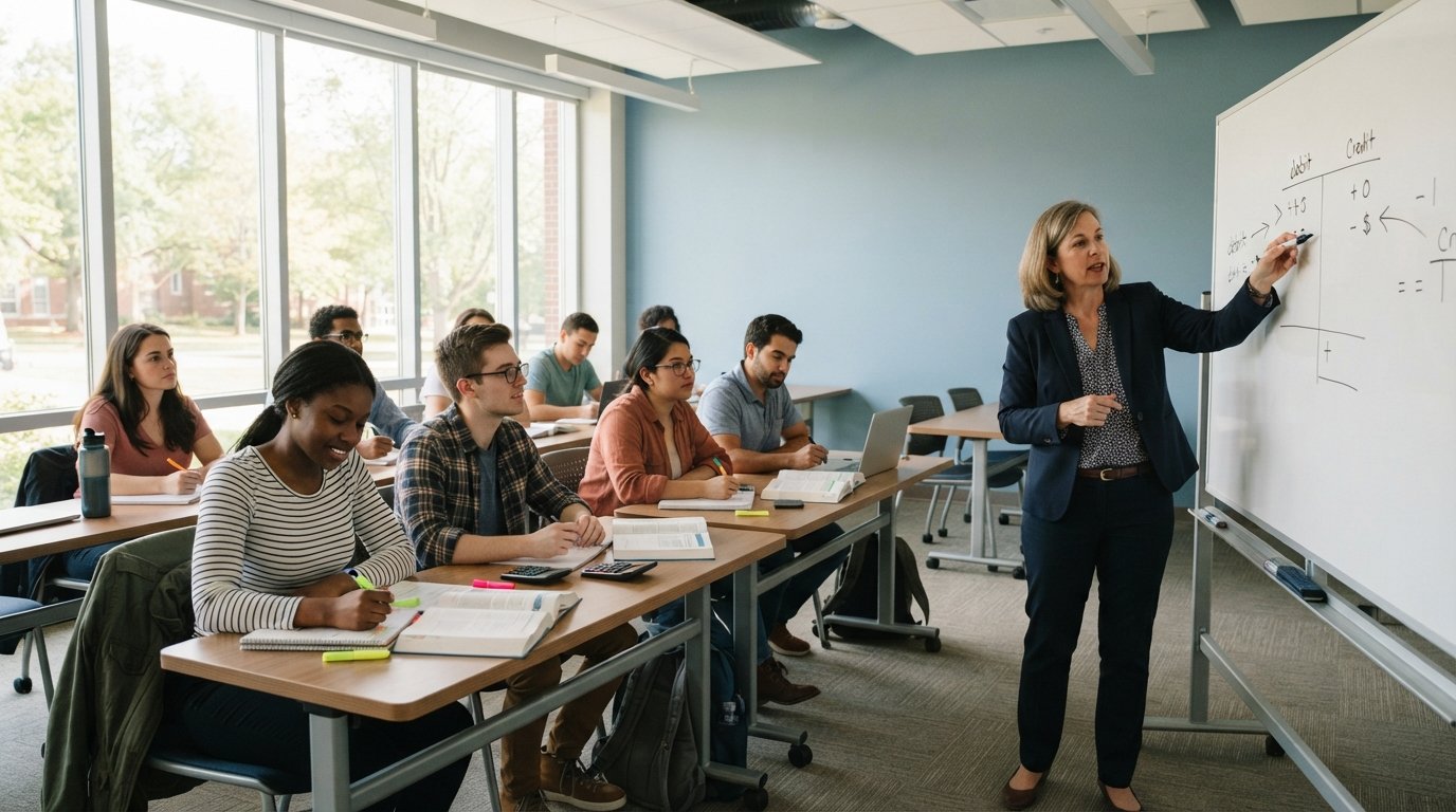 Adult students taking notes with calculators and textbooks while a professor points to a whiteboard showing a T-account…