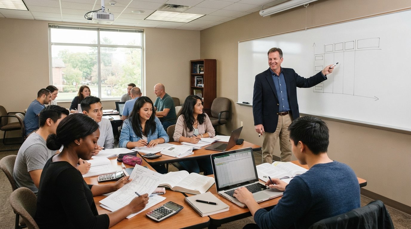 Adult students review financial ledgers and use calculators at desks while an instructor points to a blank chart on a…