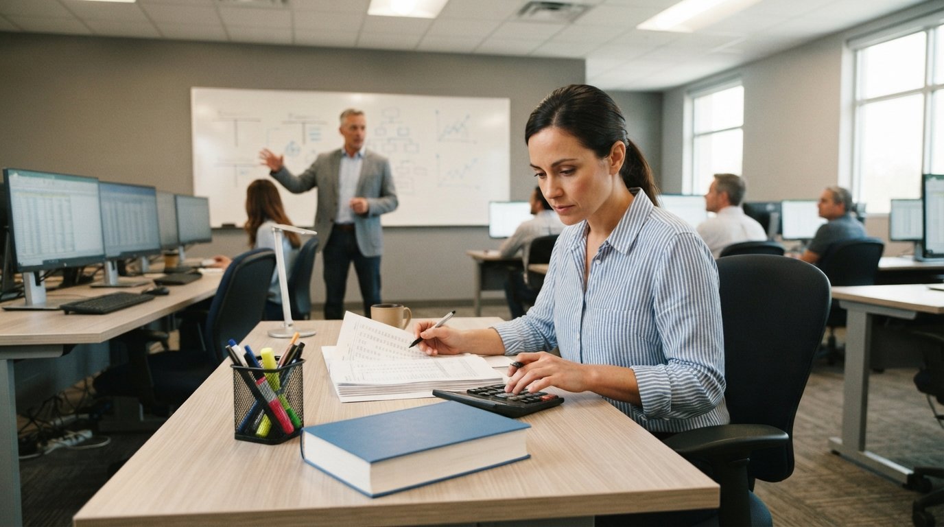 Student in a button-down shirt reviews printed ledger spreadsheets and uses a desktop calculator at a classroom desk while…