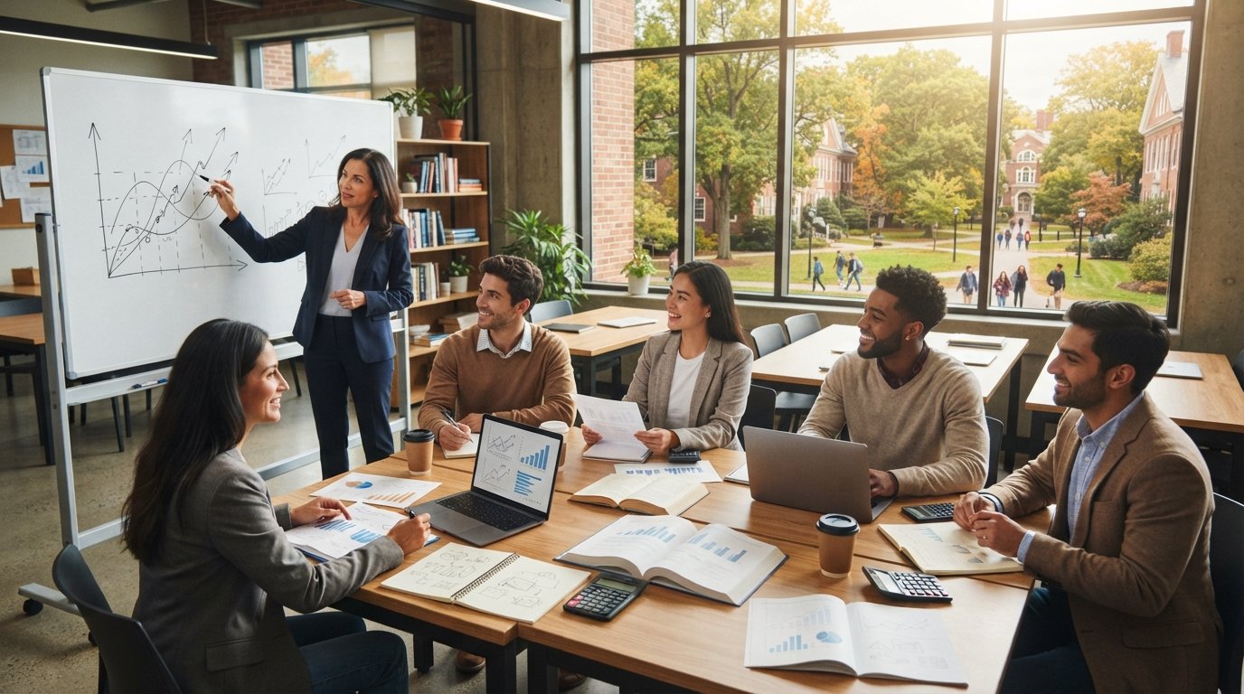 College students in business attire review financial documents at wooden desks while a professor points to charts on a…