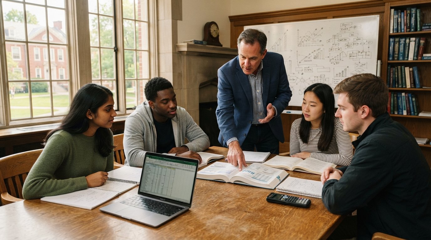 Professor pointing at a financial statement while diverse students take notes around a wooden table with textbooks, a…