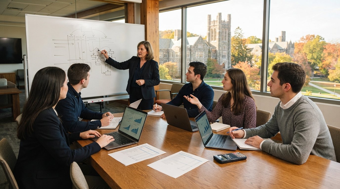 Graduate accounting students with laptops and financial statements collaborate at a wooden table as a professor points to a…