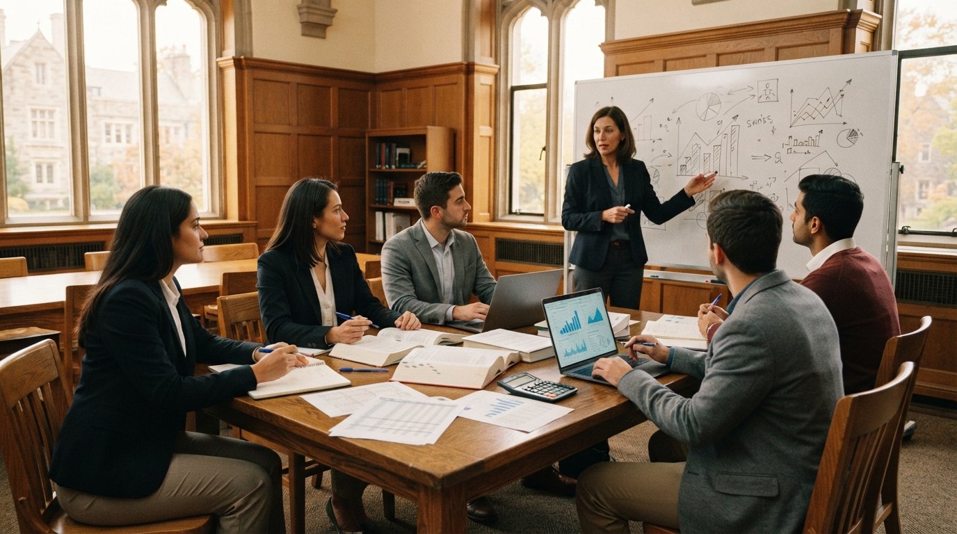 Adult accounting students in business attire discuss financial documents around a classroom table as a professor points to…