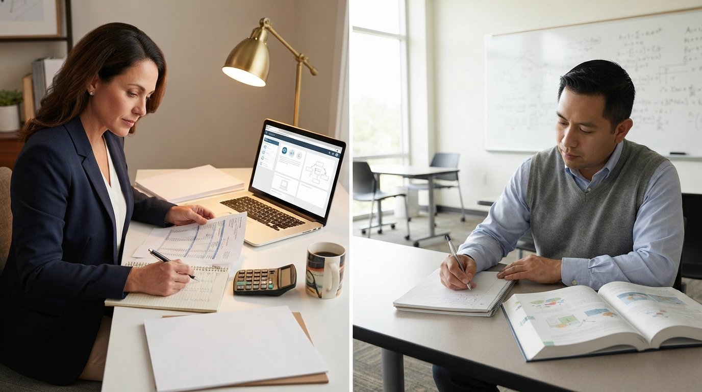 Adult student in navy blazer reviewing printed financial statements and a ledger notebook beside a laptop showing an online…