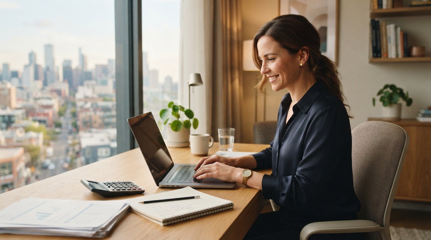 Smiling professional woman in navy blouse typing on laptop at home office desk with calculator and financial documents