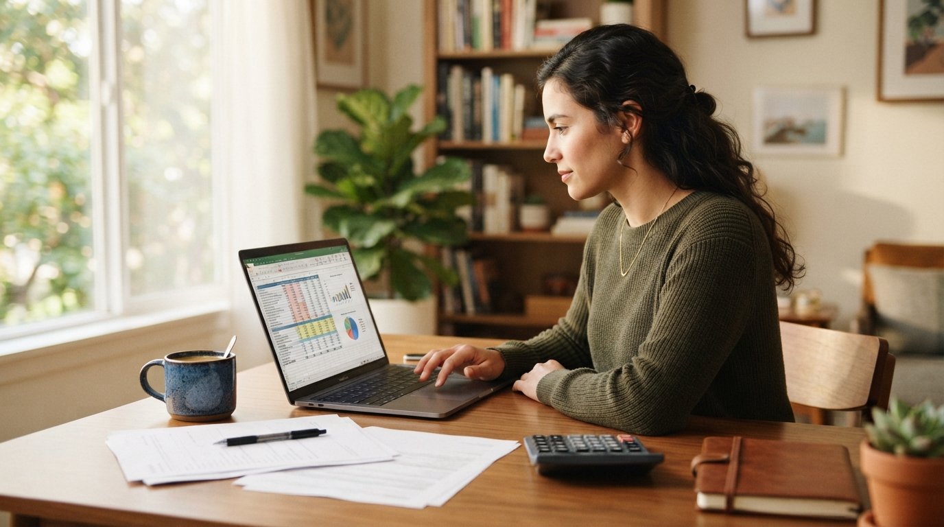 Adult student reviews financial documents on a laptop with spreadsheet software at a wooden desk with a calculator and…