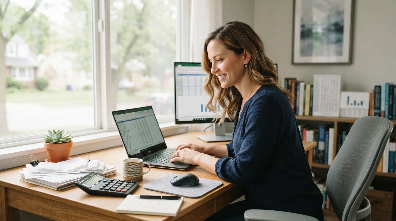 Woman in her 30s at a home office desk, smiling while reviewing financial data on a laptop, with a calculator, receipts,…