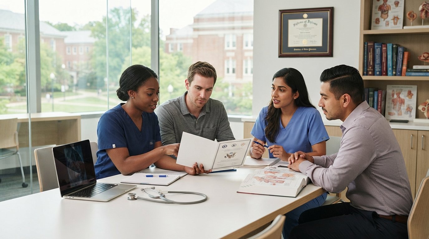 Diverse adult students in scrubs and professional attire study accreditation papers and medical textbooks at a white table…