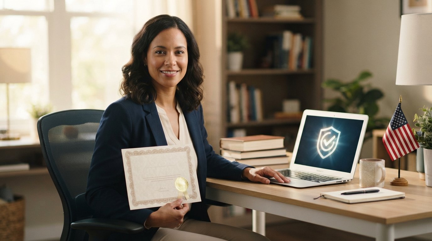 Adult student in business-casual attire holds a certificate with a gold seal while viewing a laptop showing a…