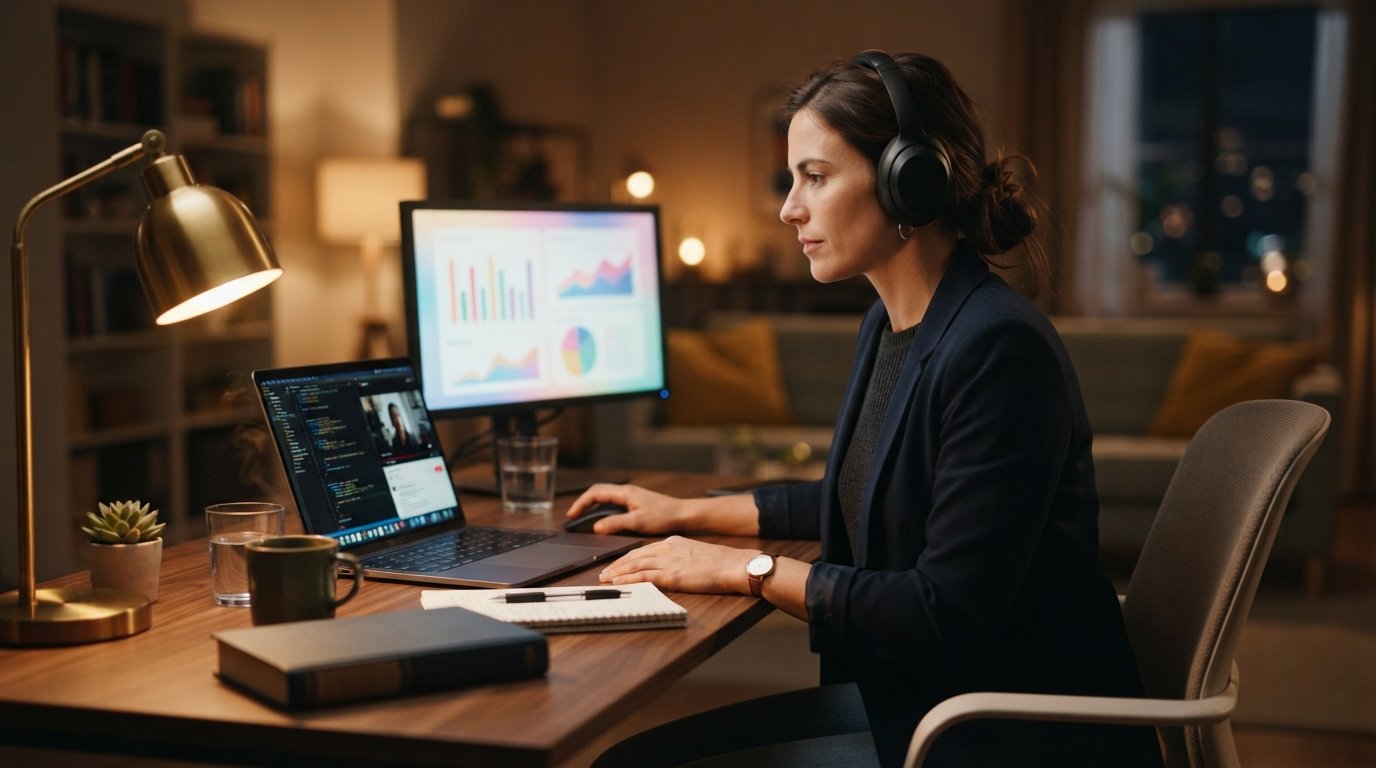 Adult student in business casual attire studies on a laptop with headphones at a home desk lit by a warm lamp at night