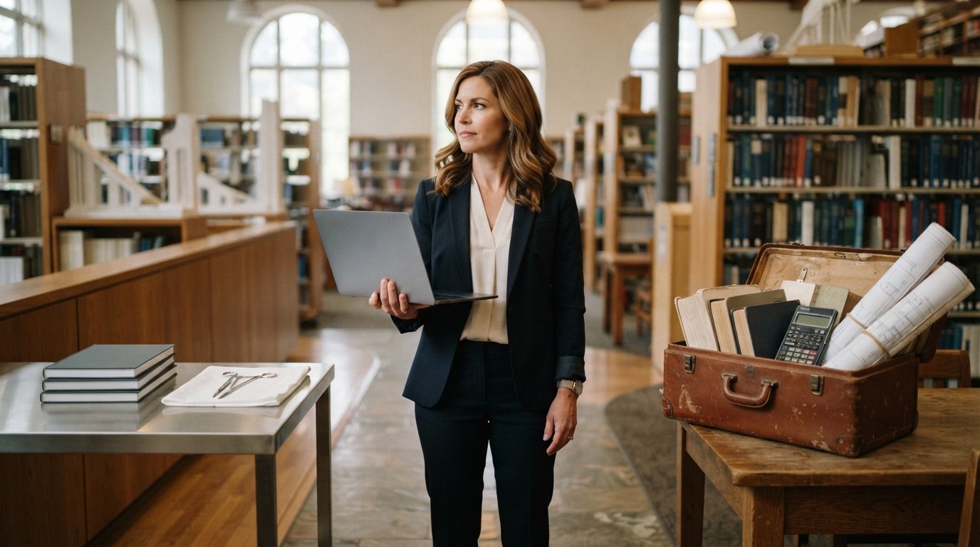 Woman in her 30s holding a laptop at a crossroads in a modern library, with a surgical tool and course modules on her left…