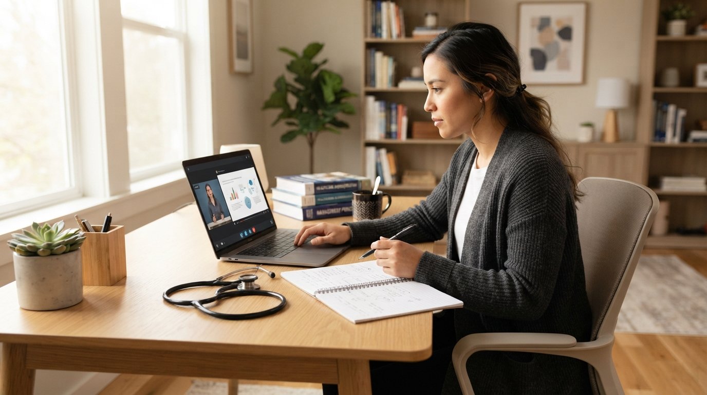 Graduate student in business-casual attire at a home desk with a laptop showing a video lecture, a stethoscope, notebook,…