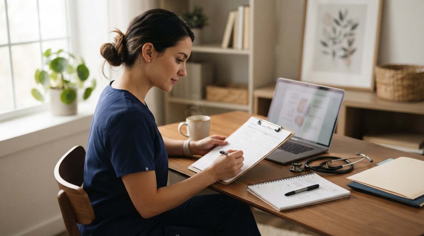 Nursing student in navy scrubs reviewing a printed checklist at a home desk with a laptop, stethoscope, notebook, pen,…