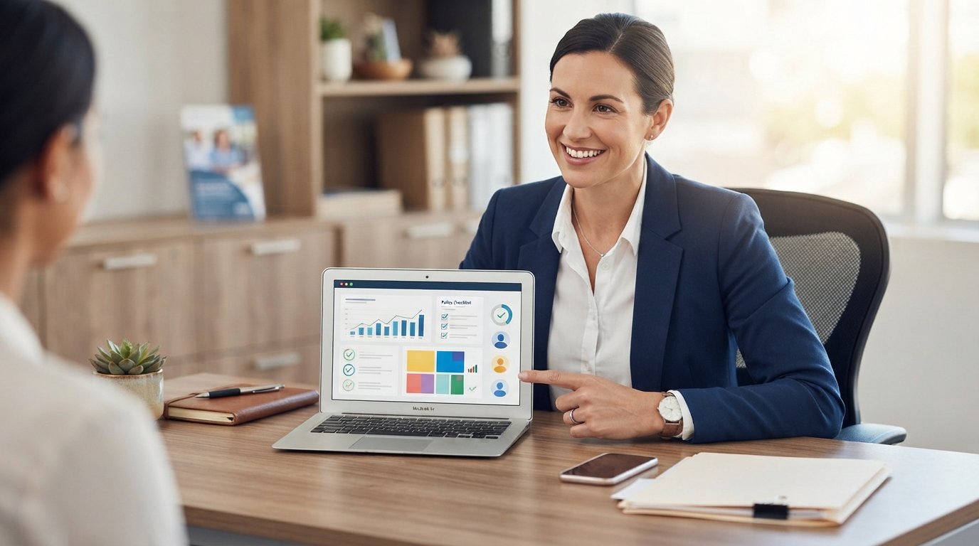 Professional insurance agent in navy blazer pointing at laptop screen showing Ace Medicare supplement portal dashboard with…