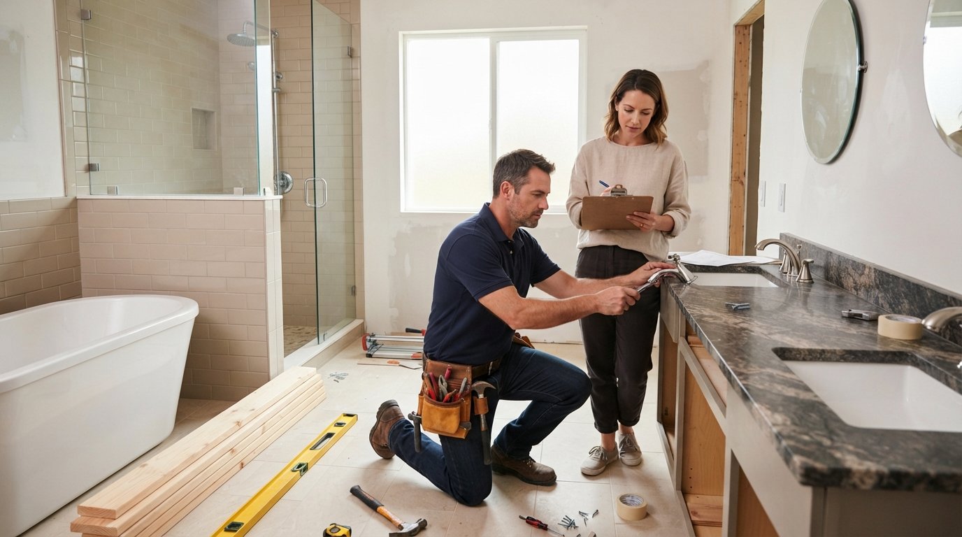 Contractor in navy polo installs a chrome faucet in a bright bathroom with a freestanding tub, tiled shower, and double…