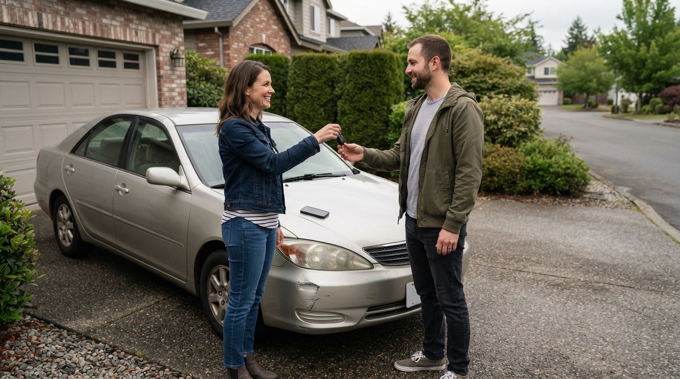 Two adults in casual clothes exchanging car keys beside a silver sedan with a dented bumper in a suburban driveway