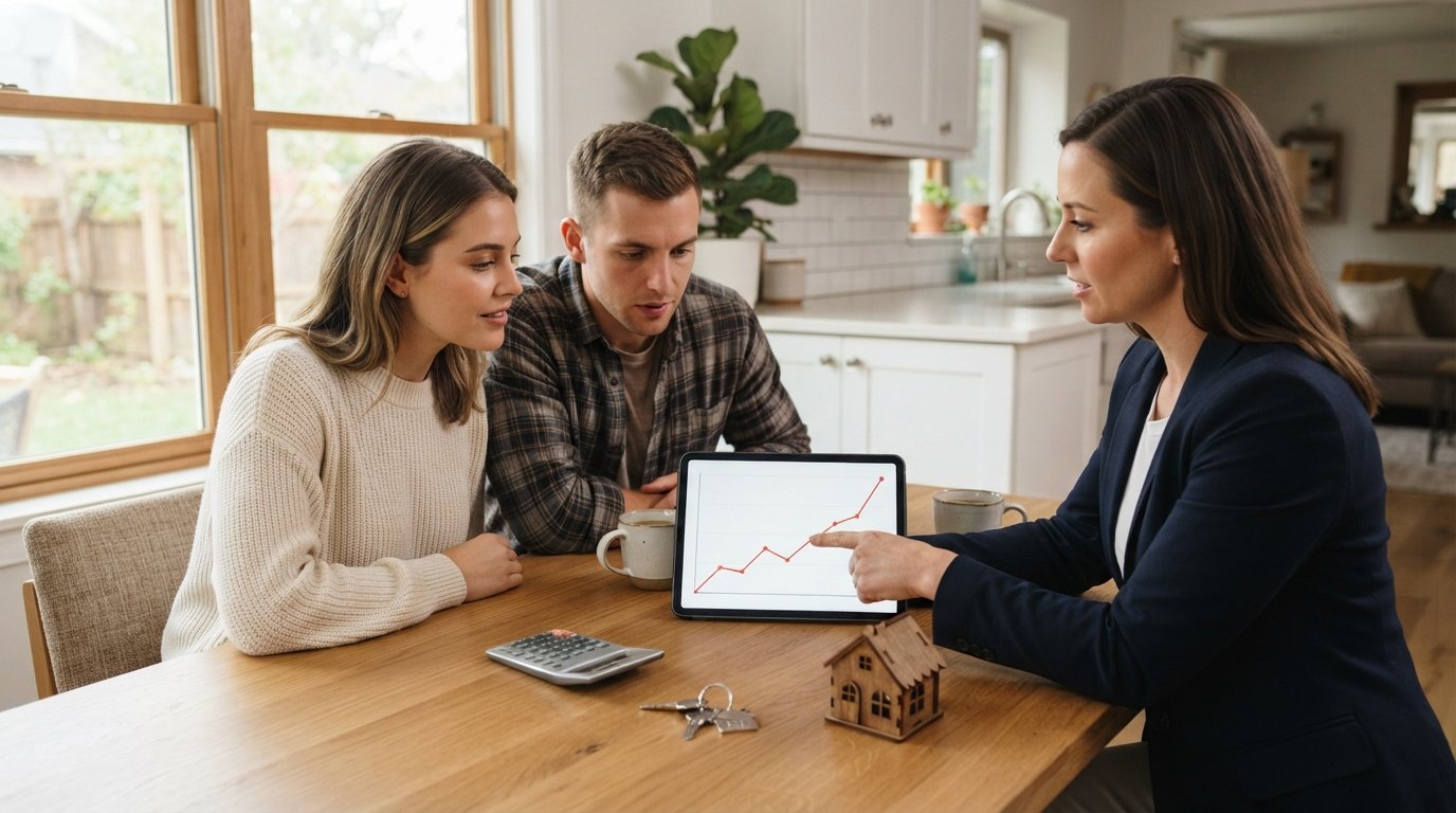 Real estate agent in a navy blazer points at a rising graph on a tablet while a couple reviews mortgage numbers at a…