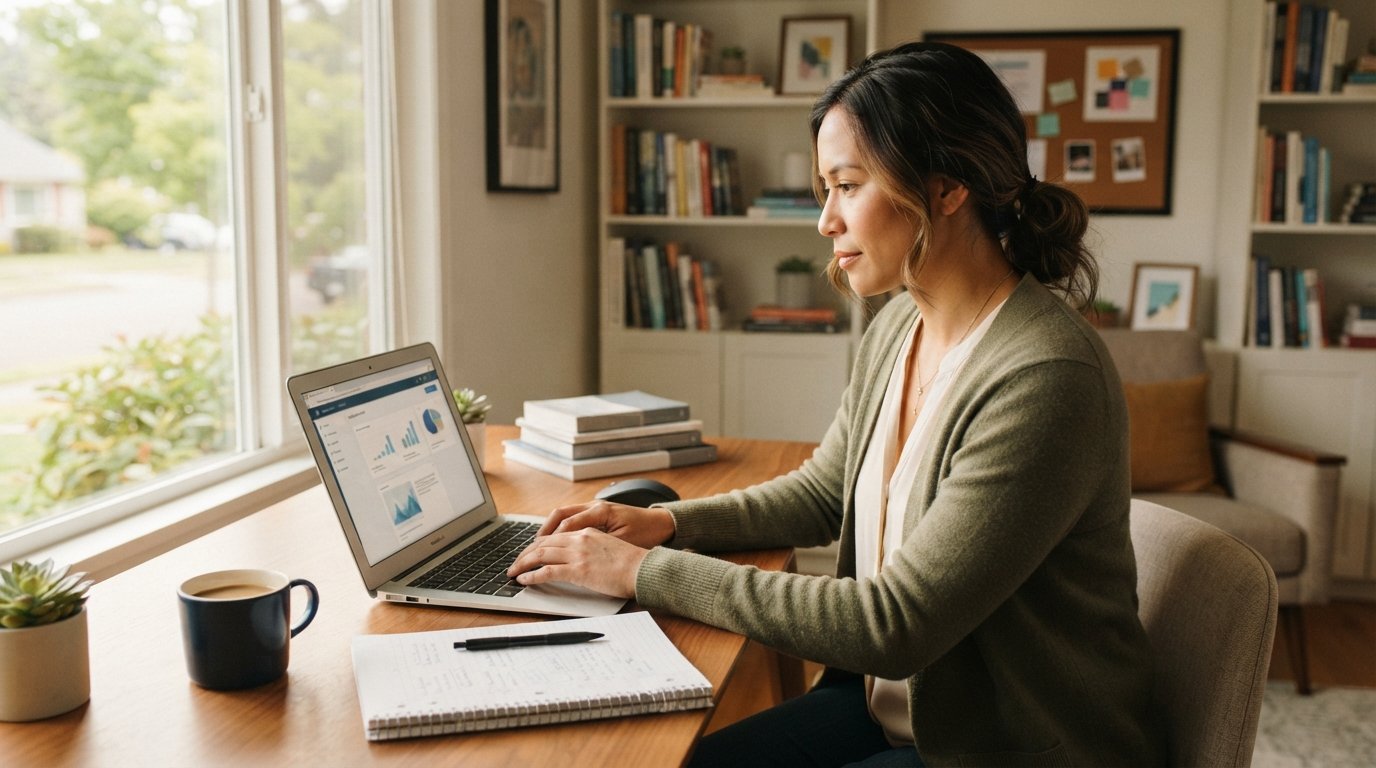 Adult student in business-casual attire working on a laptop at a tidy home desk with a notebook, pen, coffee mug, and…