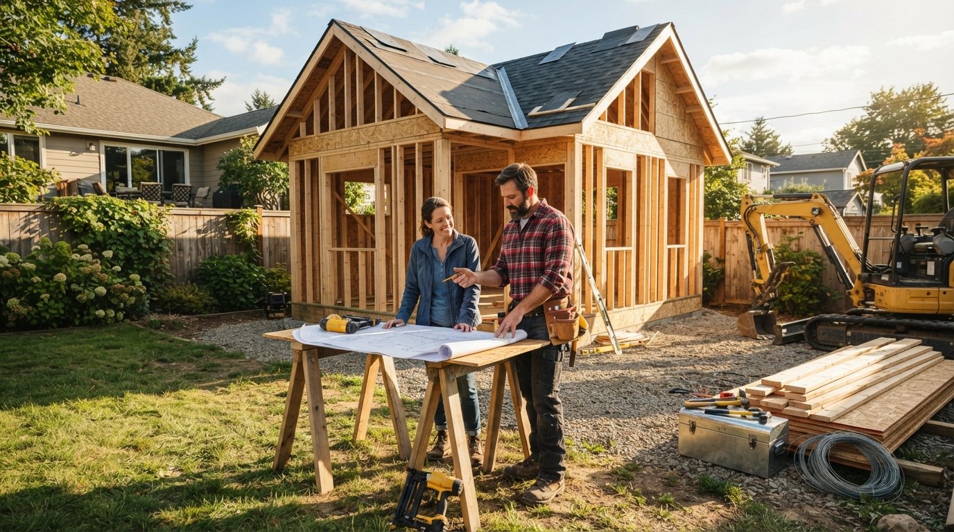 Contractor in plaid shirt and homeowner reviewing blueprints beside a framed backyard cottage under construction, with…