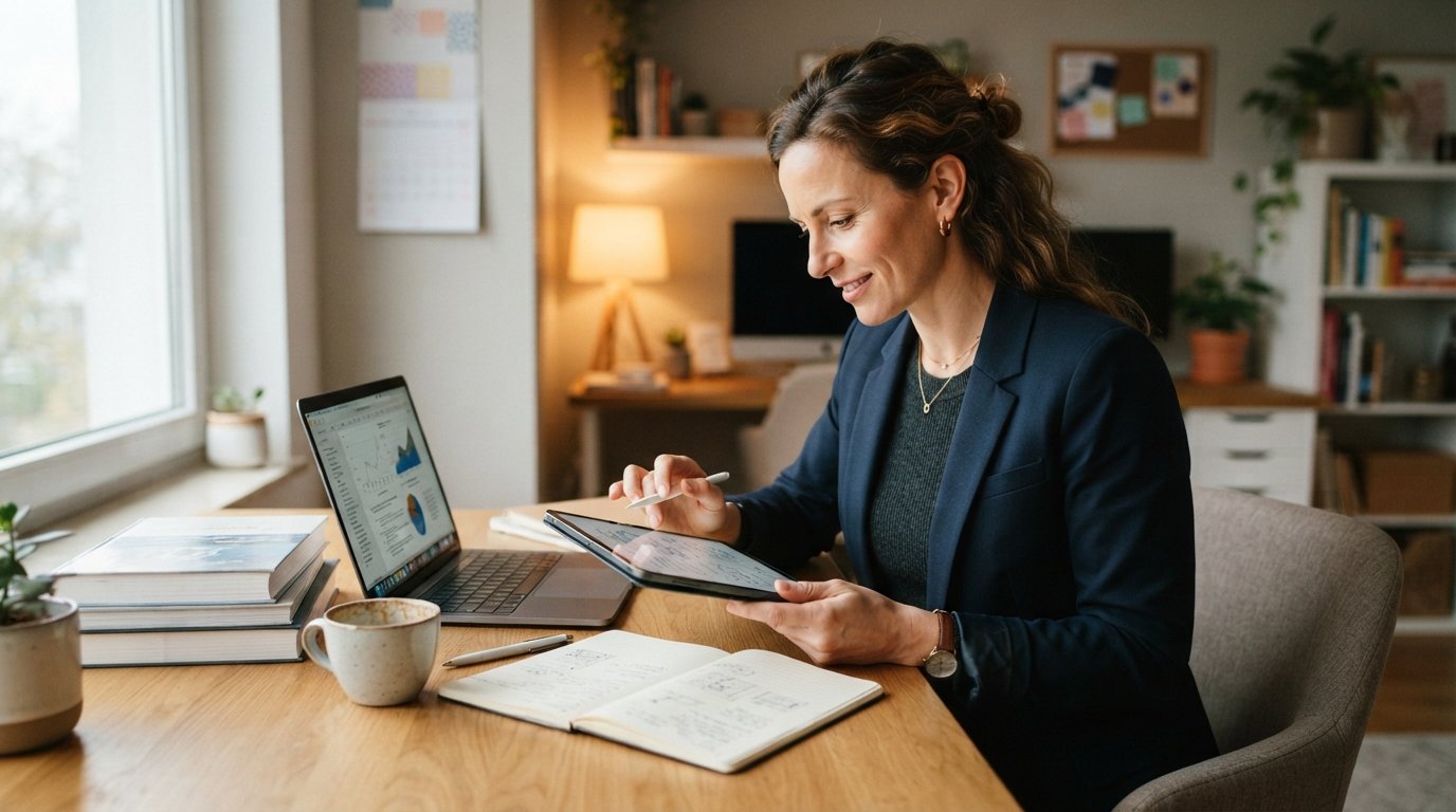 Woman in her late 30s wearing a blazer, holding a tablet at a kitchen table with a laptop, textbooks, coffee mug, and…