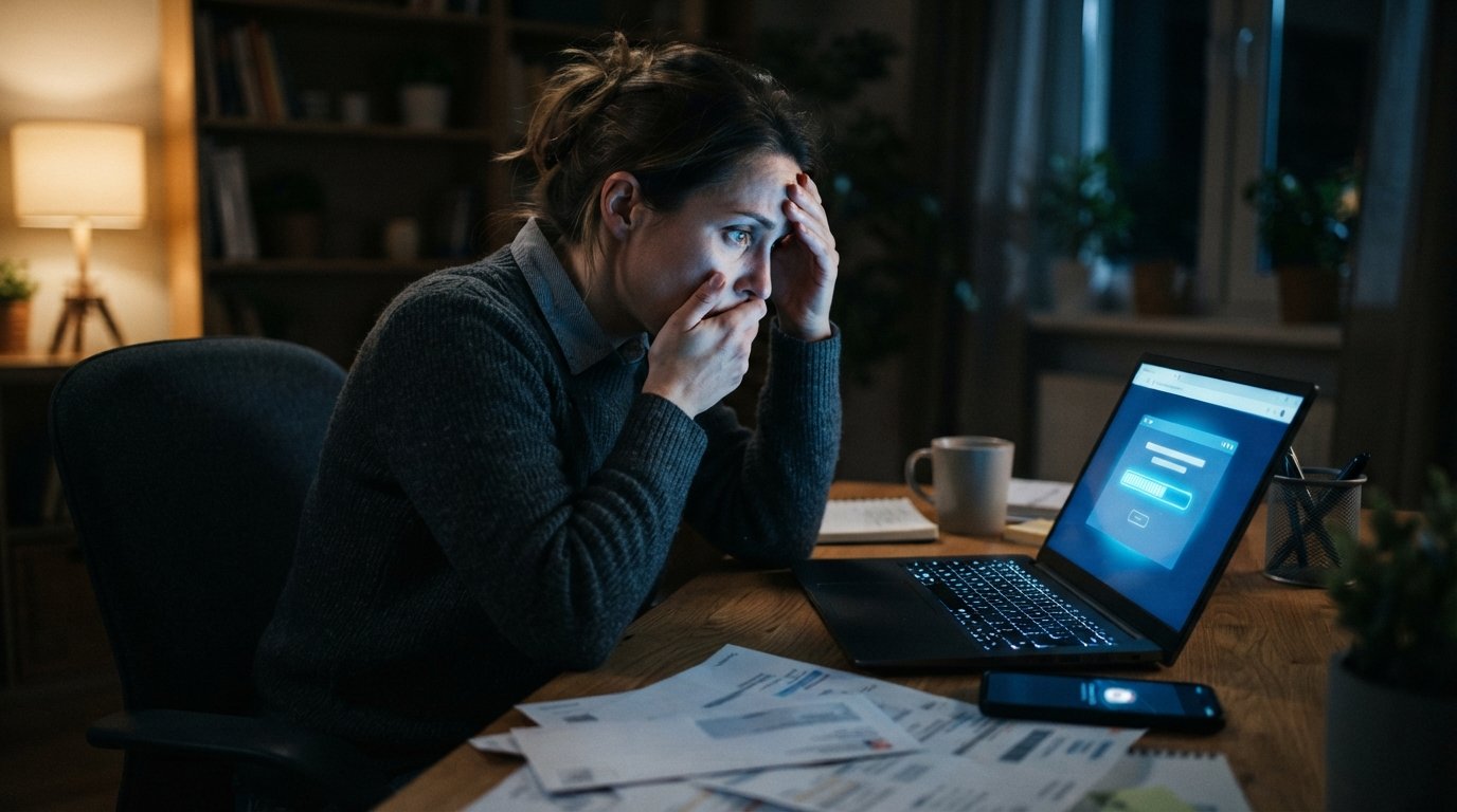 Woman in casual business attire at a home desk at night, watching a loan progress bar on a laptop with a phone showing a…