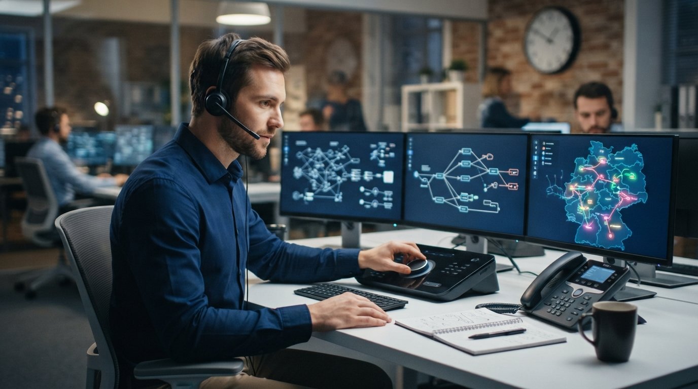 Focused male specialist in navy shirt and headset adjusts a black call-routing console beside three monitors showing call…