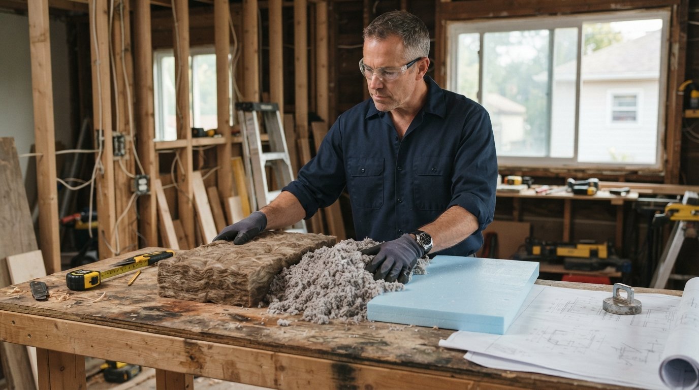 Contractor in safety glasses comparing mineral wool batt, loose-fill cellulose, and rigid foam board on a wooden workbench…