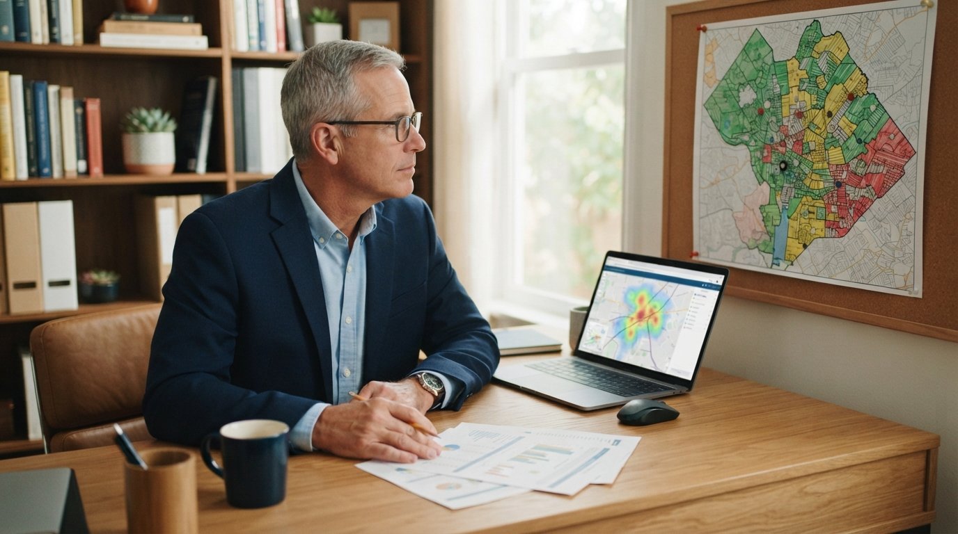 Medicare agent in navy blazer studies a color-coded ZIP code map pinned to a corkboard beside a laptop in a home office