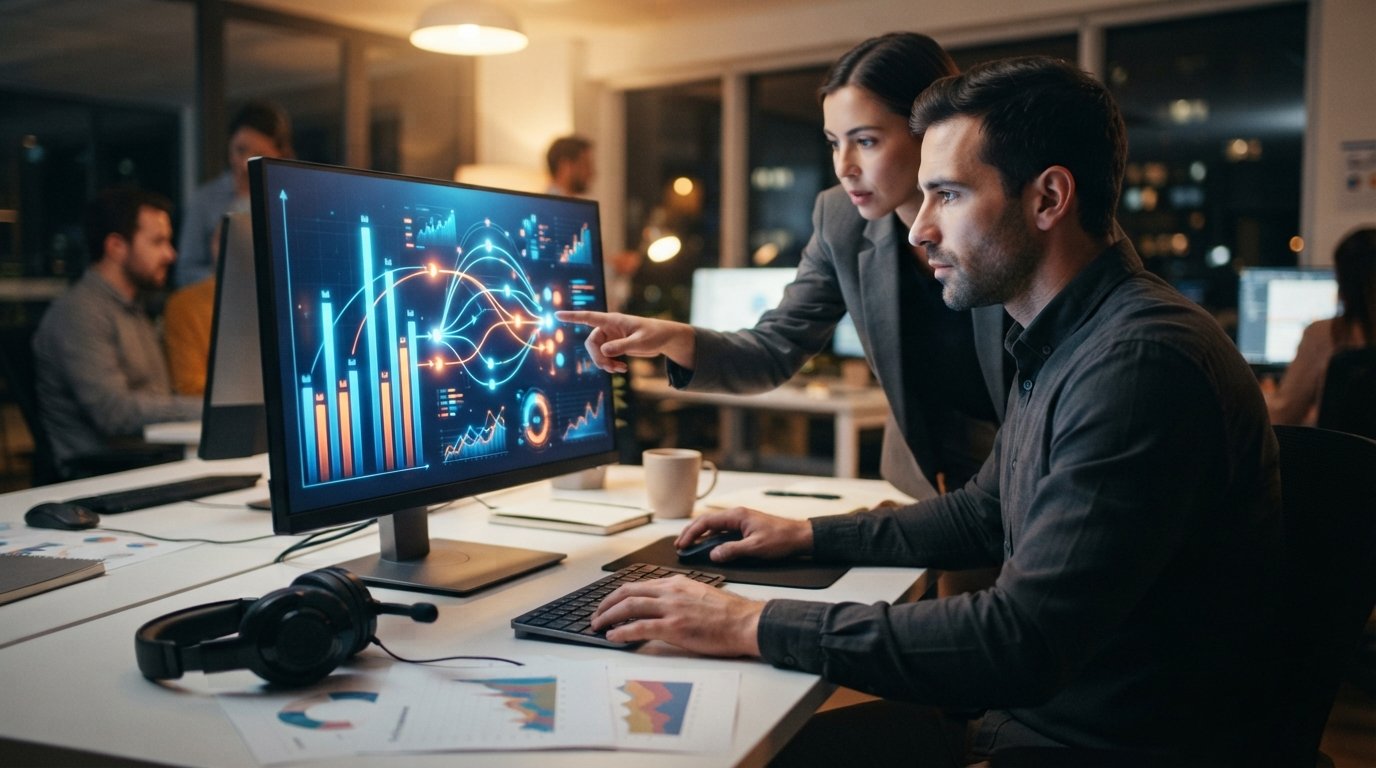 Two analysts review a monitor showing glowing blue and orange bid comparison bars and decision flow lines in a dim office