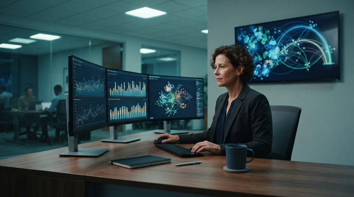 Professional at a desk reviewing real-time bidding dashboards on multiple monitors, with a wall display showing an auction…