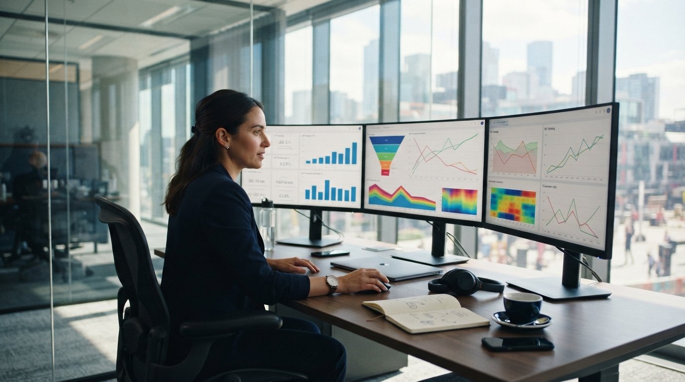 Marketer at a desk with three monitors showing ROI line graphs, funnel visualizations, and call tracking metrics in a…