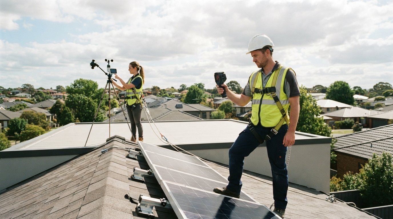 Solar technician in safety vest and hard hat uses a thermal camera to inspect rooftop panel mounting brackets while another…