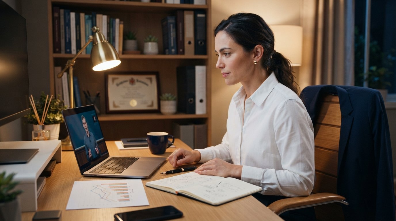 Mid-career professional in button-down shirt at a home office desk watching a video lecture on a laptop, with a printed…