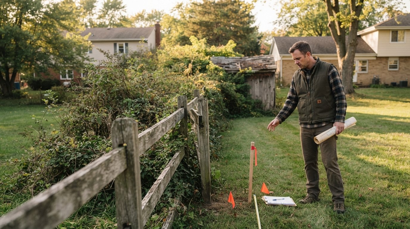 Homeowner holding a survey map beside a weathered fence, overgrown hedge, shed, and boundary stakes on a grassy lot