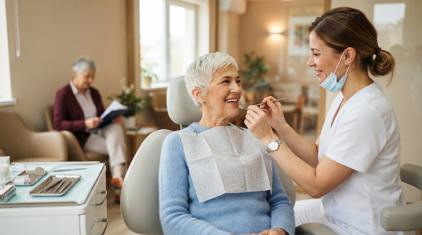 Smiling senior woman in a dental chair wearing a blue sweater and protective bib as a dentist examines her teeth with a…