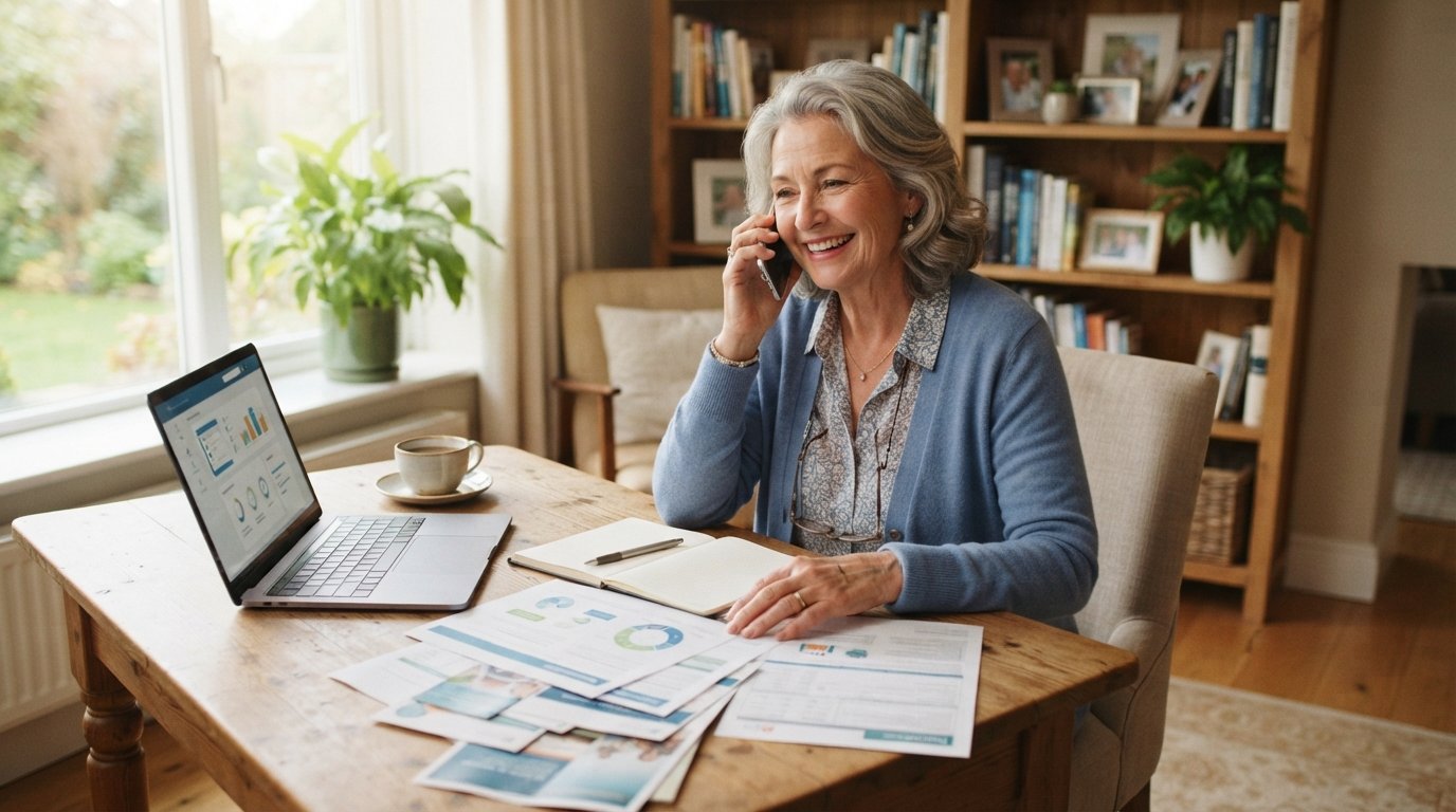 Senior woman with gray hair smiling while holding a smartphone to her ear at a wooden desk with insurance papers, a laptop,…