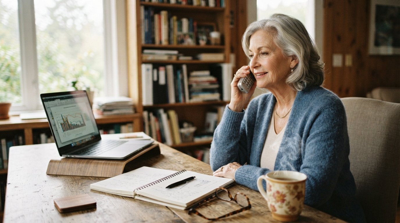 Senior woman in a blue cardigan holding a cordless phone at a desk with a notebook, laptop, and tea