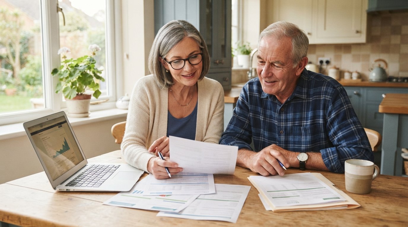 Middle-aged woman in reading glasses and cardigan sits beside an older man at a kitchen table, reviewing documents and a…