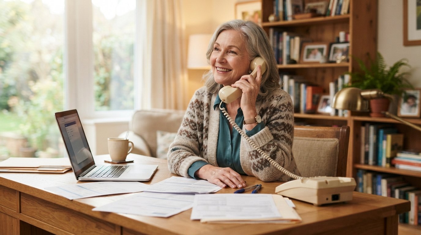 Senior woman with gray hair smiling while holding a landline phone at a desk with Medicare paperwork and a laptop