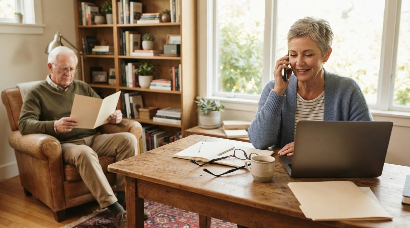 Middle-aged woman in a blue cardigan holding a smartphone to her ear at a wooden desk with a laptop, notepad, and coffee…