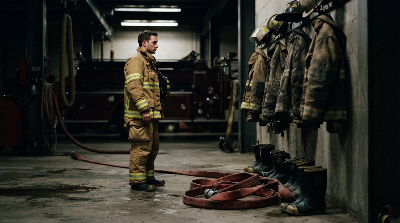 Firefighter in tan and yellow turnout gear holding a helmet, standing before empty suits and a coiled hose in a dim firehouse