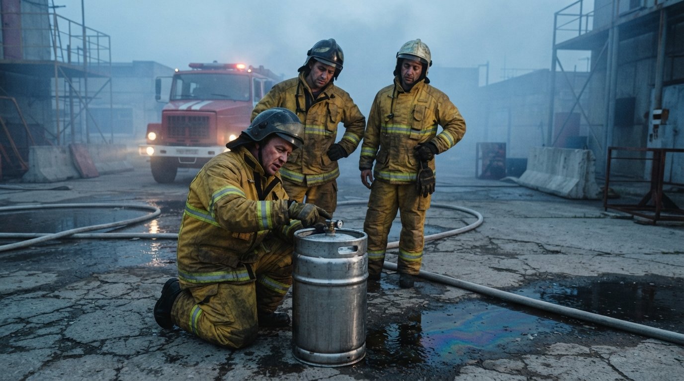 Firefighters in yellow turnout gear examine a foam concentrate drum in a smoky training yard at dawn, with a fire engine…