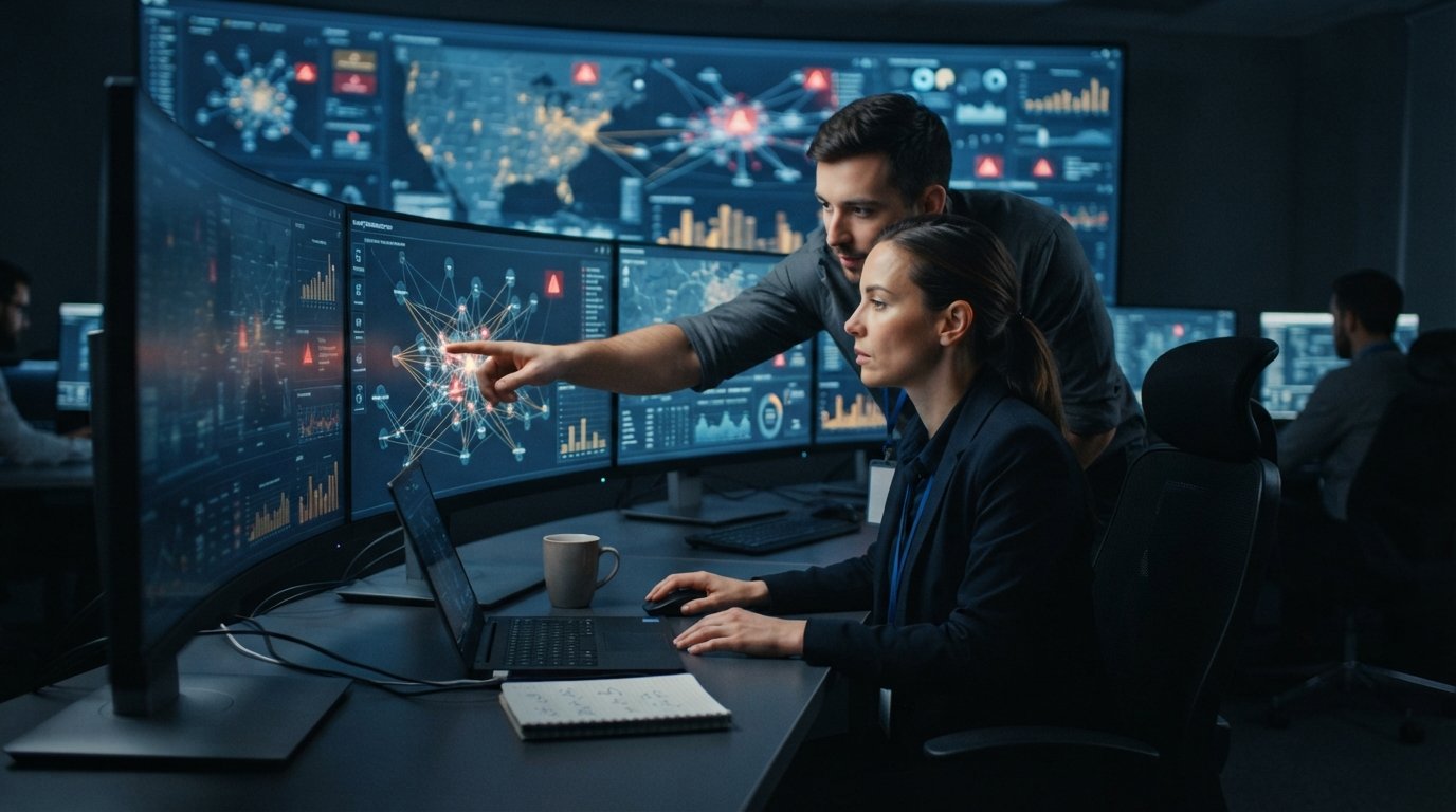 Two analysts in a dim security operations center study curved monitors showing network graphs, red alert markers, and…