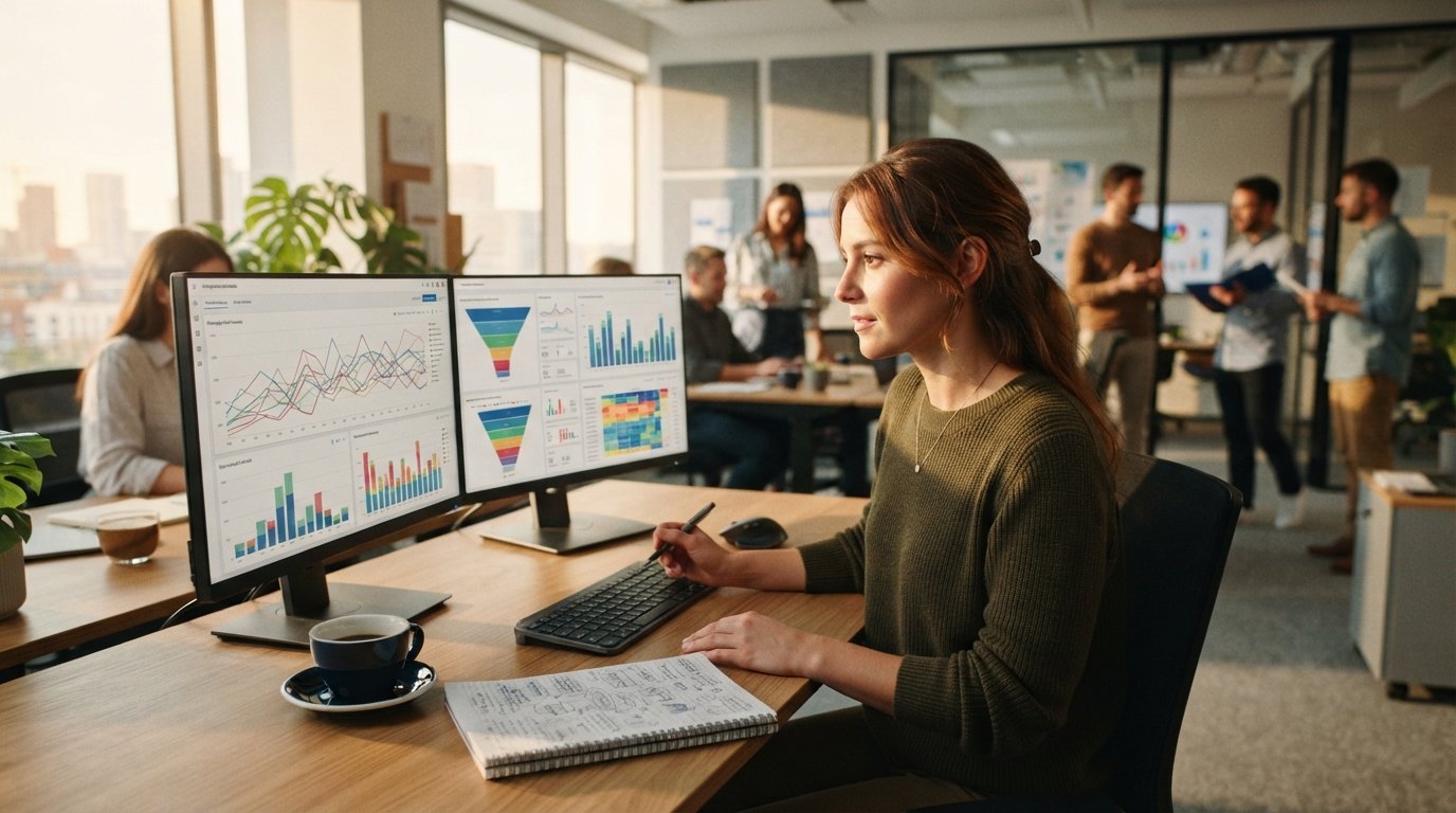 Performance marketer reviewing colorful line graphs and funnel charts on dual monitors in a modern office, notebook and…
